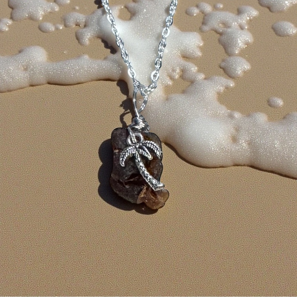 NWT OOAK Handmade Surf Tumbled Bonfire Sea Glass & Palm Tree Pendant Necklace